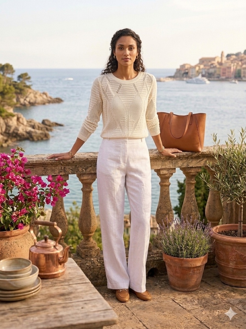 NIC+ZOE Cream Knit Top with White Wide-Leg Linen Pants